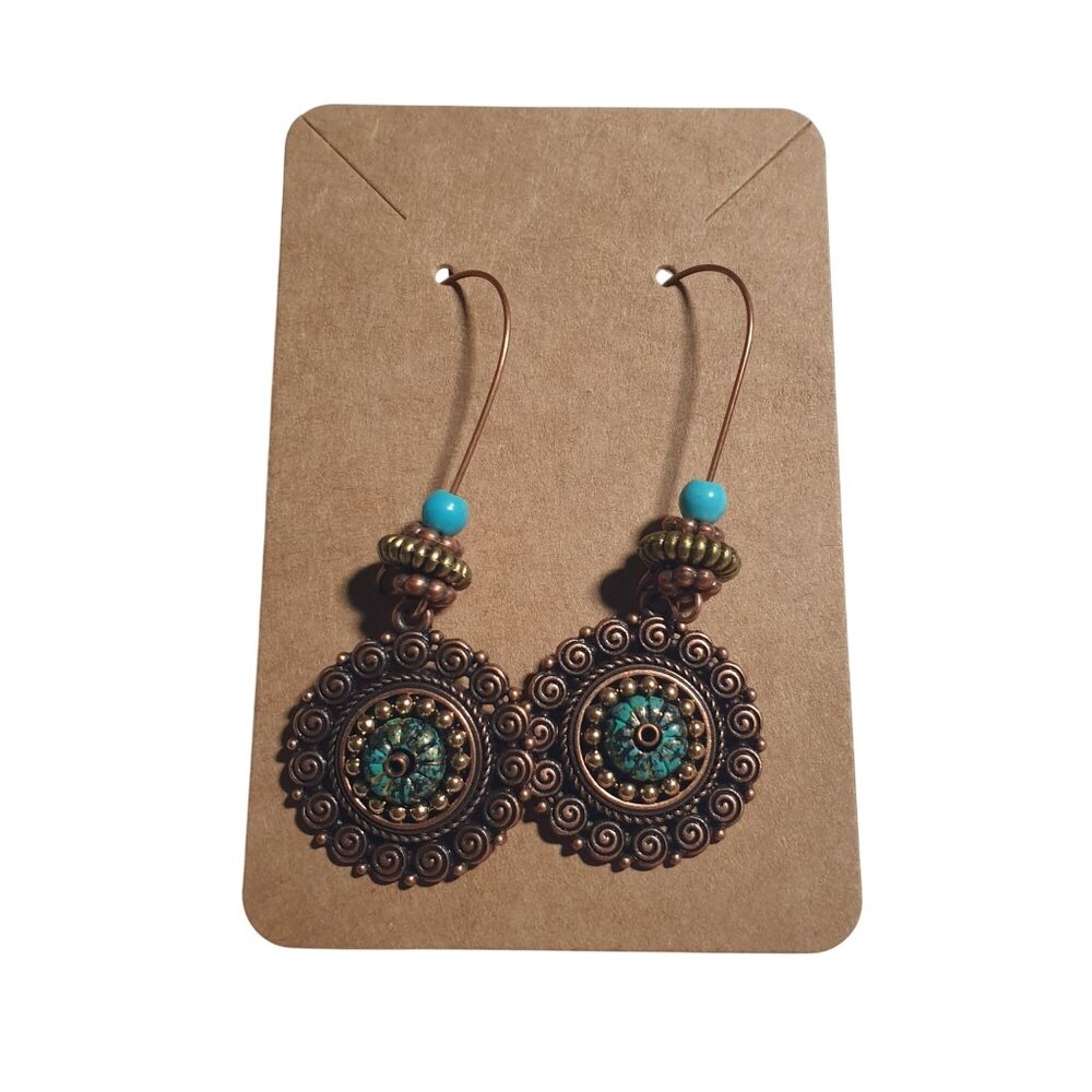 Bohemian Copper Tone Dangle Earrings Blue Bead Boho Beach Core Women Gift Bali